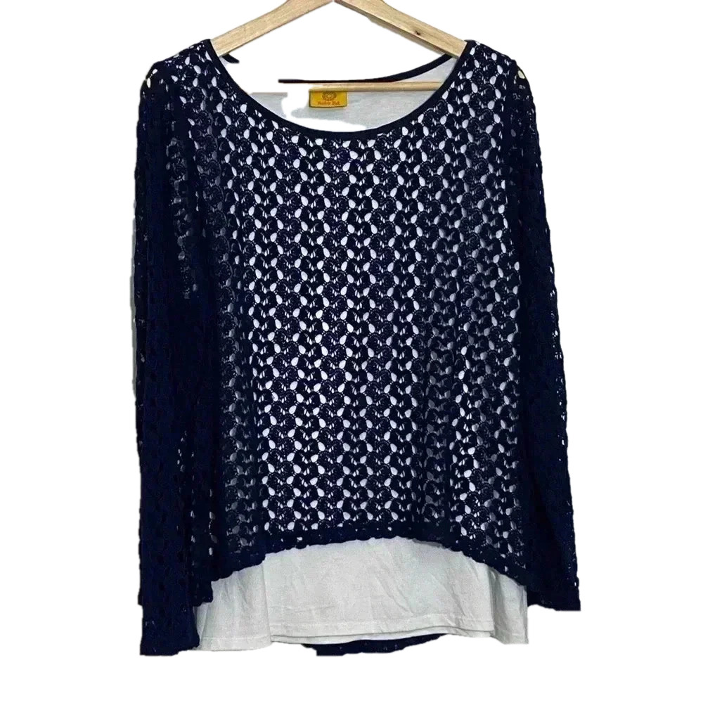 RUBY  Rd women eyelet long sleeve lined navy top